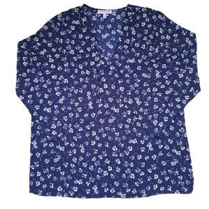 CHAUS Women's Blue White Floral Blouse Tunic Top 3/4 Sleeves Ruffles V- Neck L